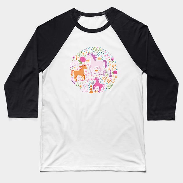 Unicorns in the Flower Garden Baseball T-Shirt by latheandquill